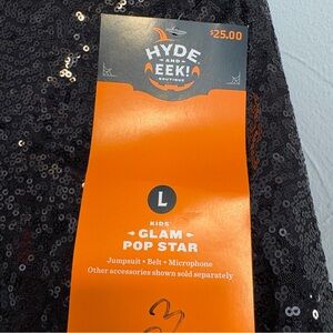 Halloween Glam Popstar Costume Kids (10/12) Black Sequin Jumpsuit Microphone NWT
